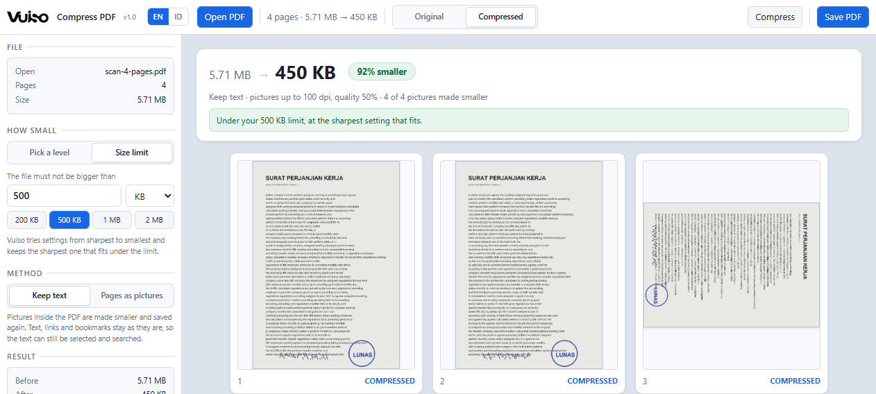 Vuiso Compress PDF showing a four-page scanned contract brought down from 5.71 MB to 450 KB, under a 500 KB limit