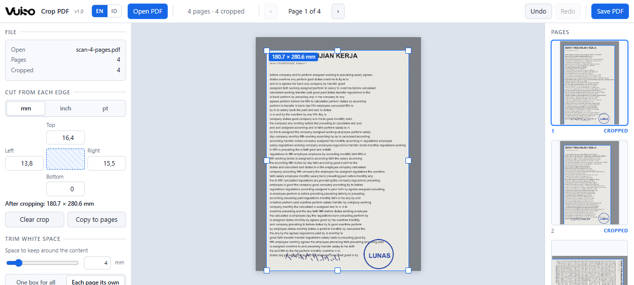 Vuiso Crop PDF showing a scanned contract page with a crop box drawn around its text, and every page with its own box in the strip on the right
