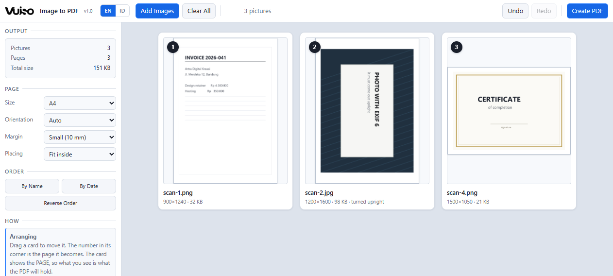 Vuiso Image to PDF showing three pictures as numbered cards, each drawn as the page it will become