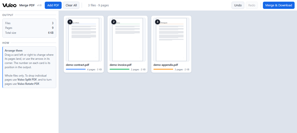 Vuiso Merge PDF showing three files as cards in output order, each with a cover thumbnail