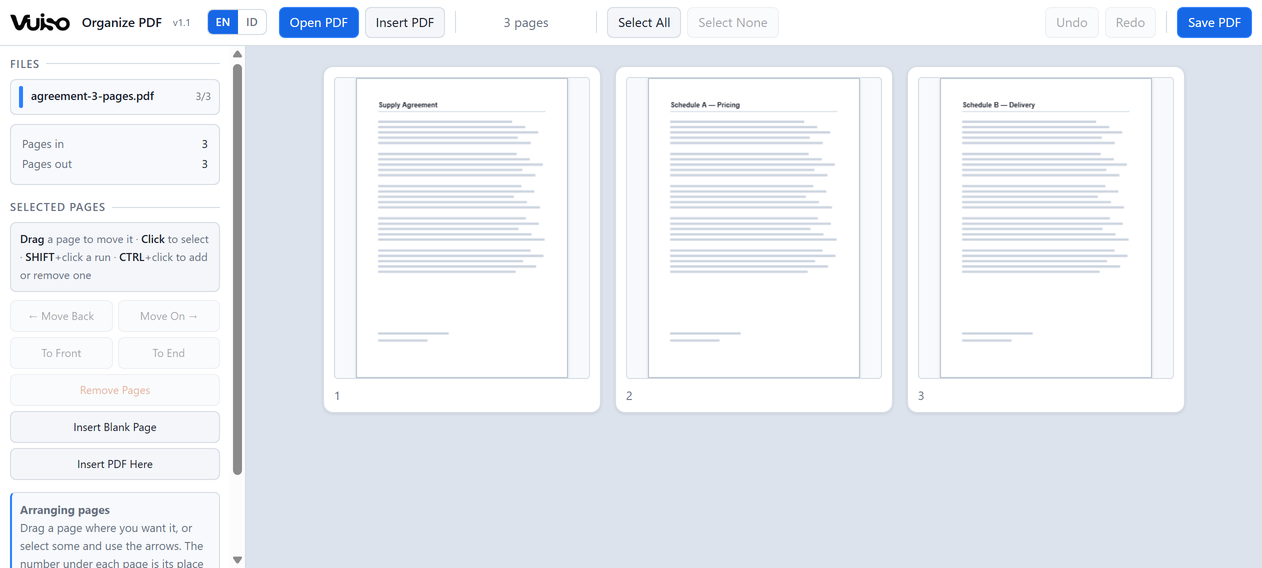 Vuiso Organize PDF with an appendix inserted into a report, the three new pages selected and marked in their own colour