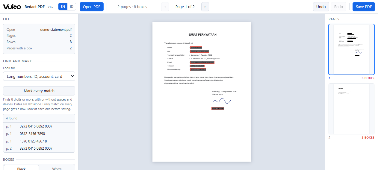 Vuiso Redact PDF showing a signed statement with boxes over the name, ID number, email address and phone number, the matches listed in the sidebar, and every page with its boxes in the strip on the right