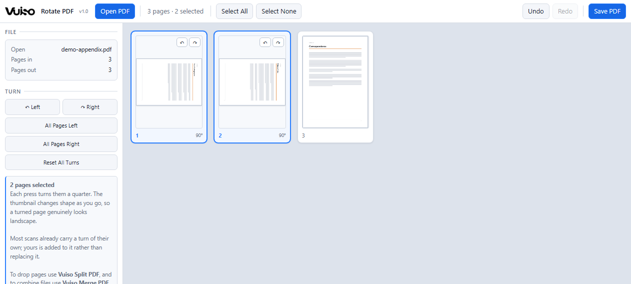 Vuiso Rotate PDF showing pages of a document with two of them turned a quarter turn