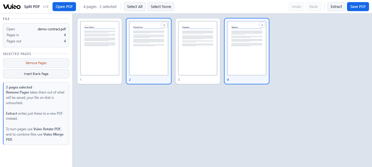 Vuiso Split PDF showing the pages of one document with two of them selected
