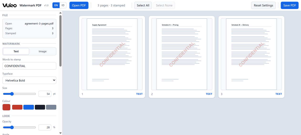 Vuiso Watermark PDF showing a three-page agreement with CONFIDENTIAL stamped diagonally across every page